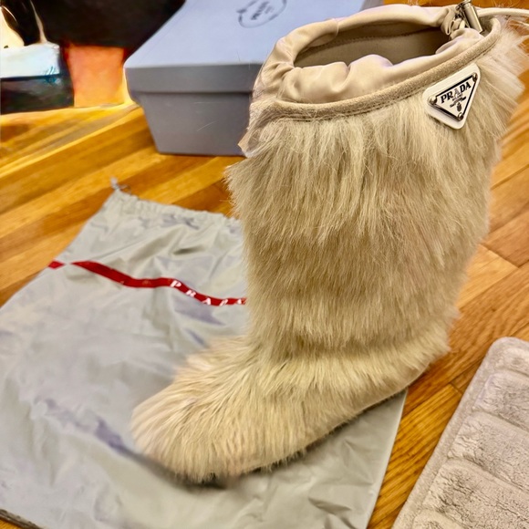 Prada Shoes - Prada Cream Faux Fur Knee Boot with Logo Plaque